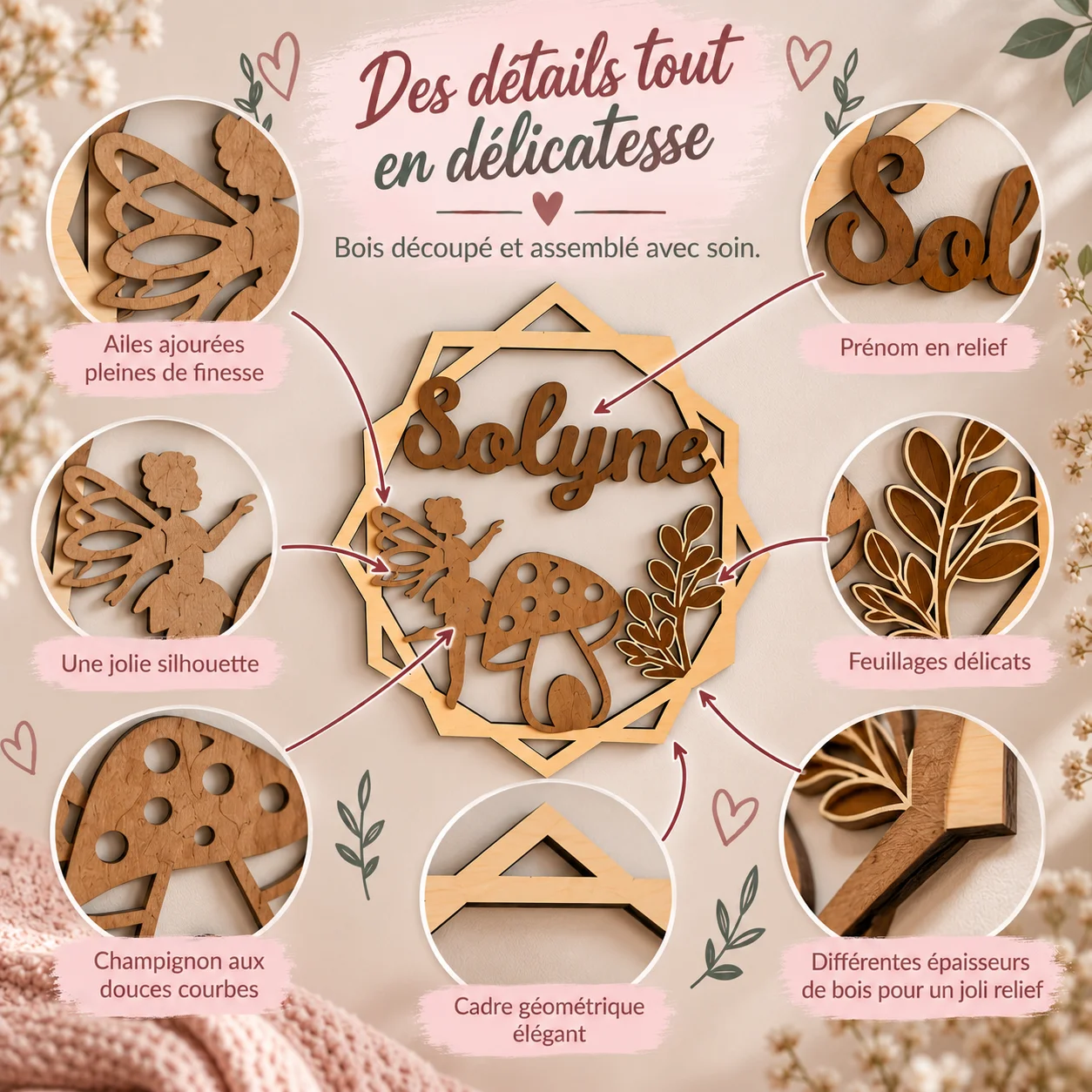 Plaque prénom enfant en bois personnalisée – Fée & Champignon – Image 6