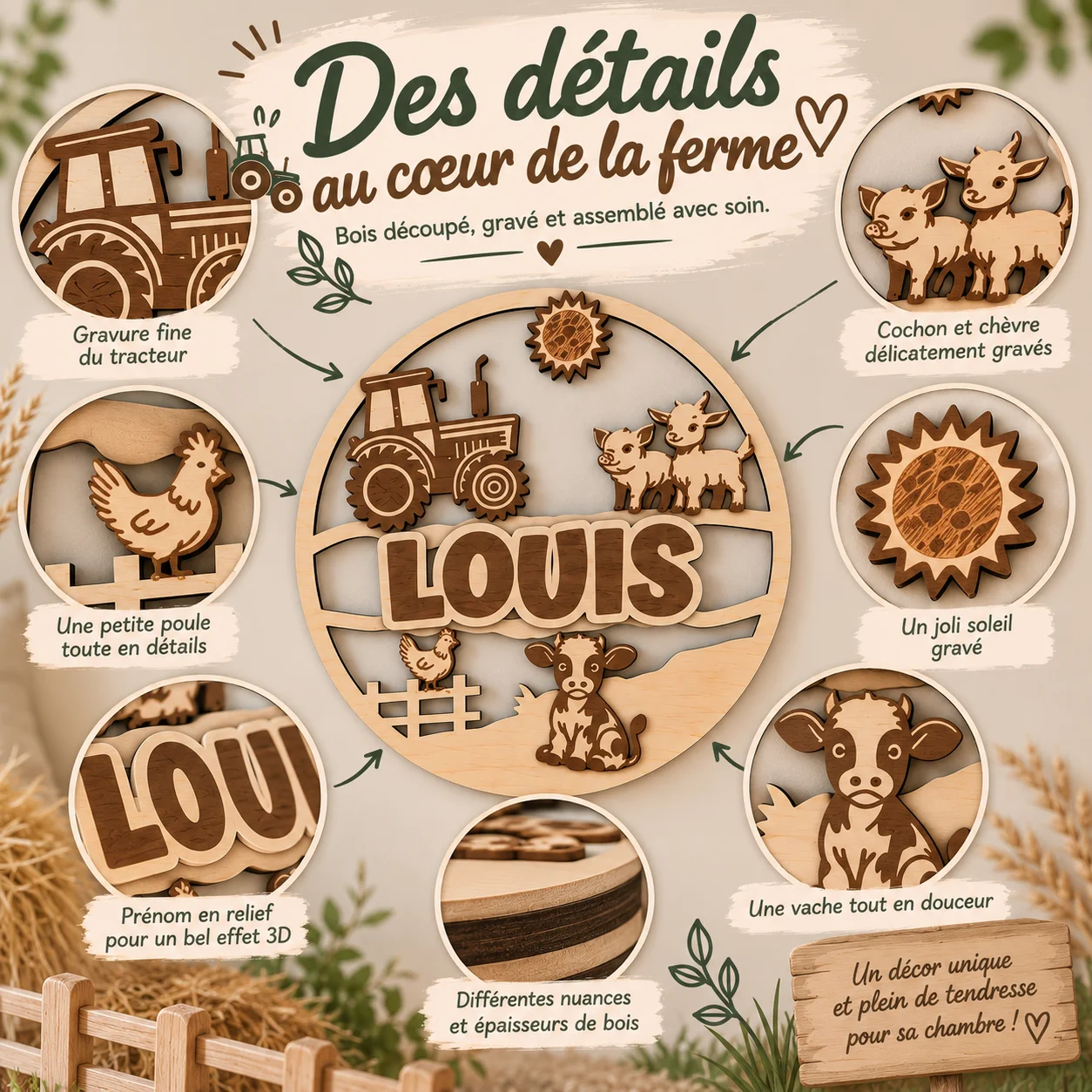 Plaque prénom enfant en bois personnalisée – Ferme & Tracteur – Image 5