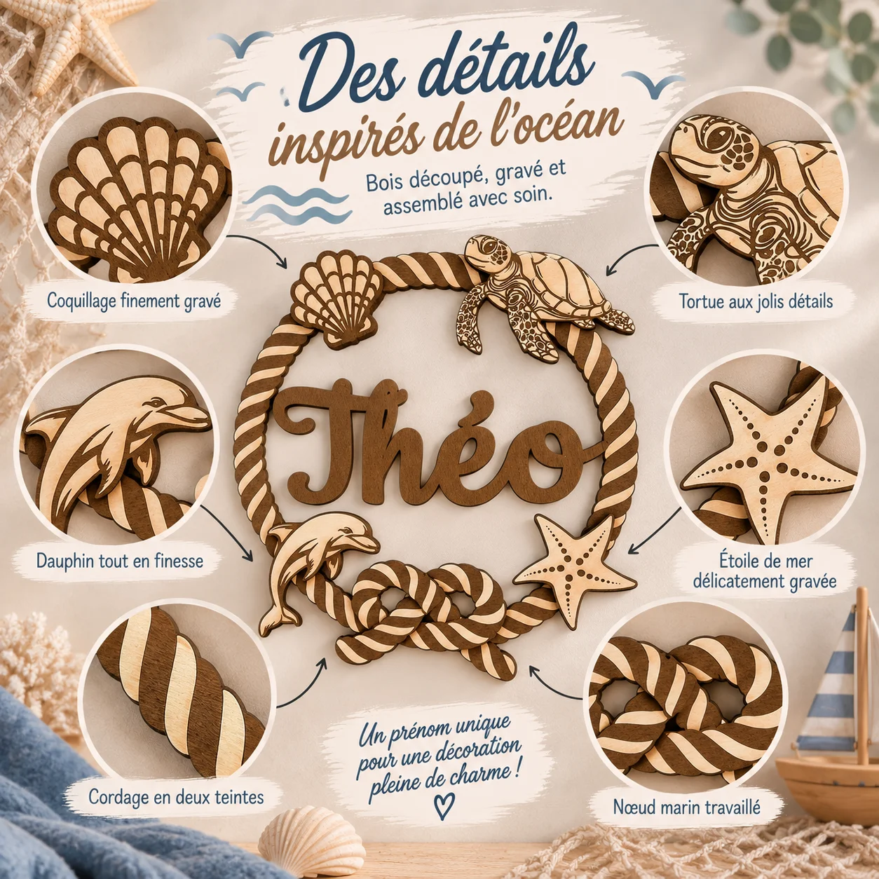 Plaque prénom enfant en bois personnalisée – Marin & Océan – Image 6