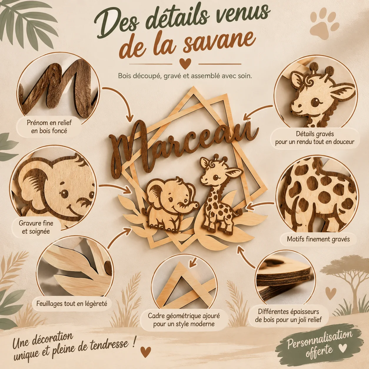 Plaque prénom enfant en bois personnalisée – Savane – Image 6