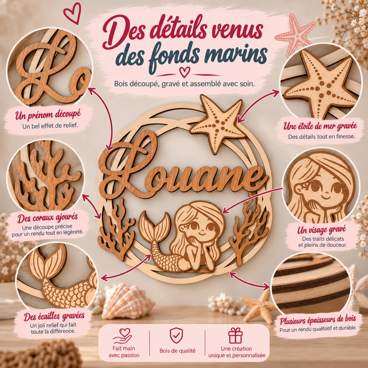 Plaque prénom enfant en bois personnalisée – Sirène – Image 6