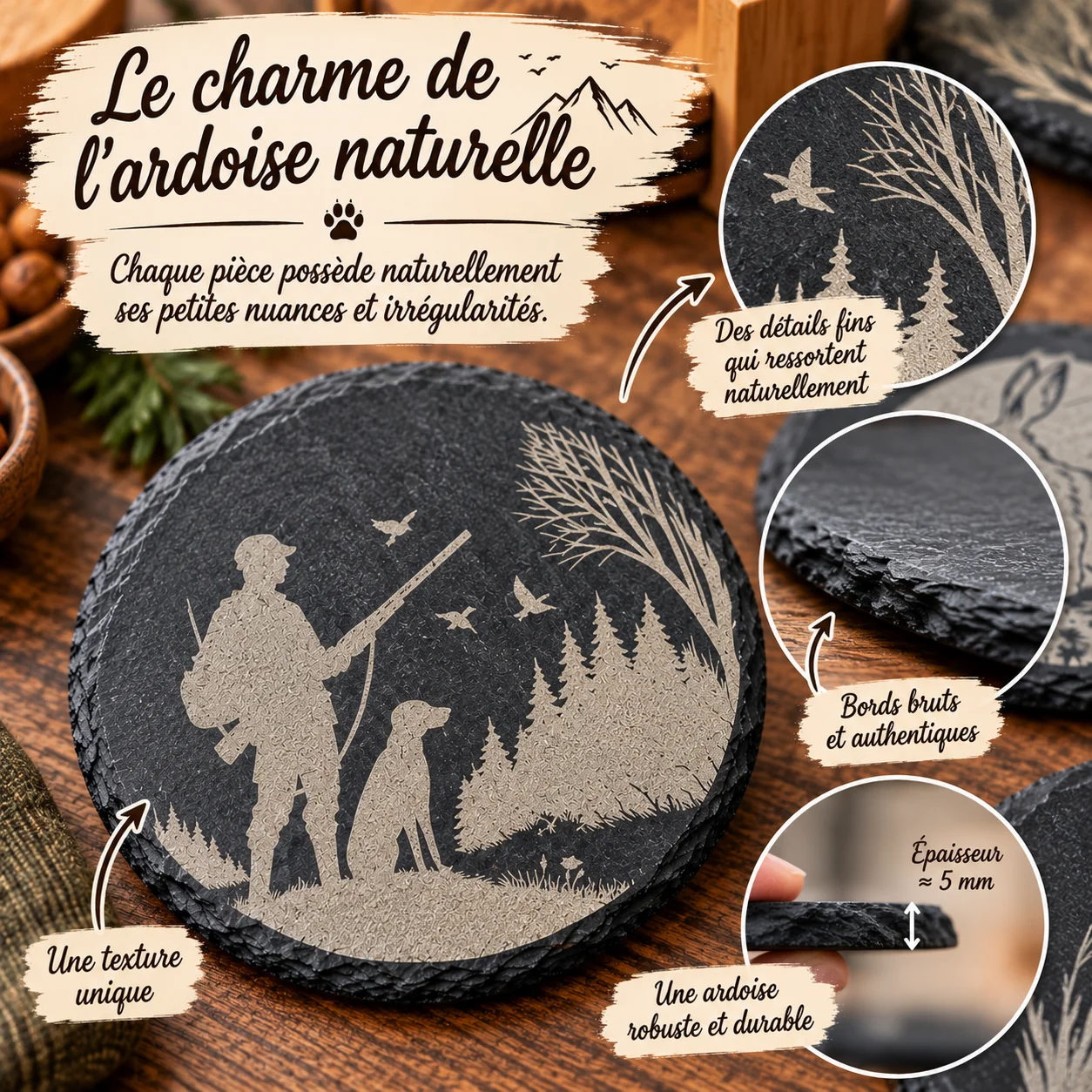 Sous-verres en ardoise gravés – Thème Chasse – Image 5
