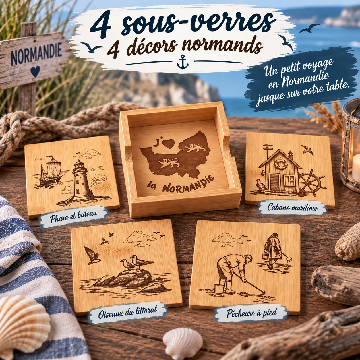 Sous-verres en bambou – Thème Normandie – Lot de 4 avec coffret – Image 3