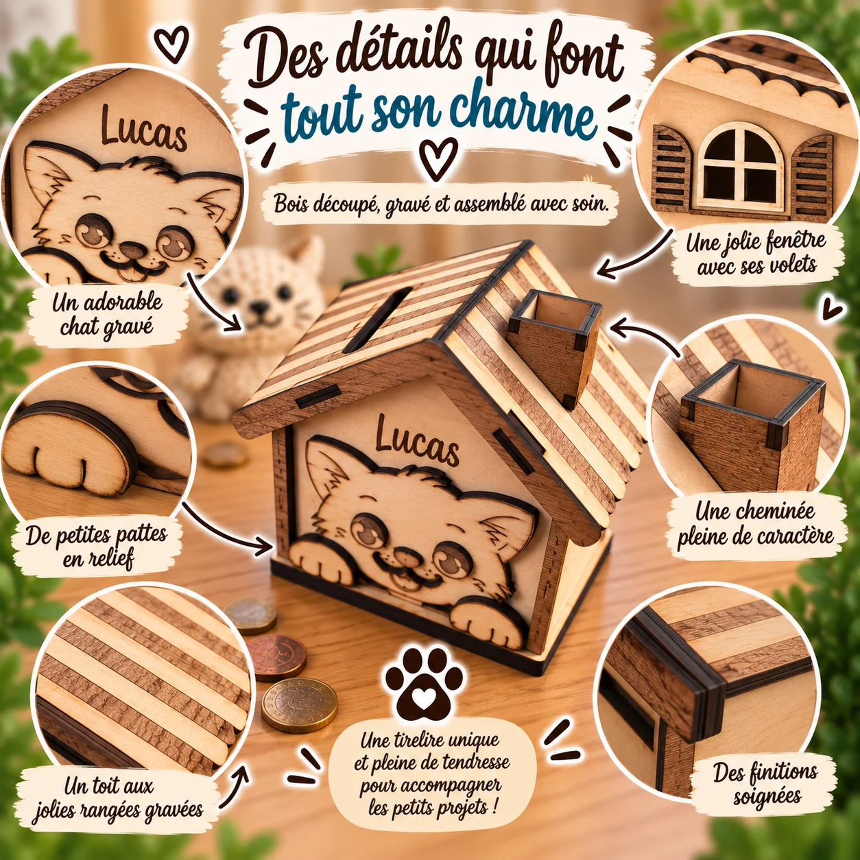Tirelire maison chat en bois personnalisée – Prénom gravé – Image 7