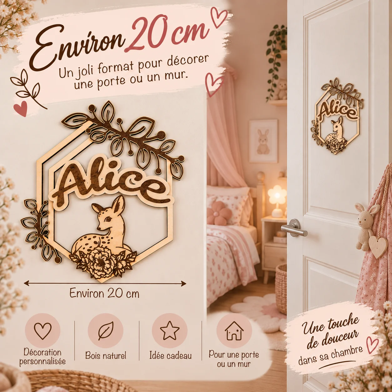 Plaque prénom enfant en bois personnalisée – Biche – Image 5
