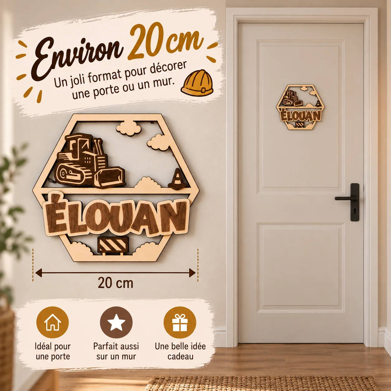 Plaque prénom enfant en bois personnalisée – Chantier – Image 4