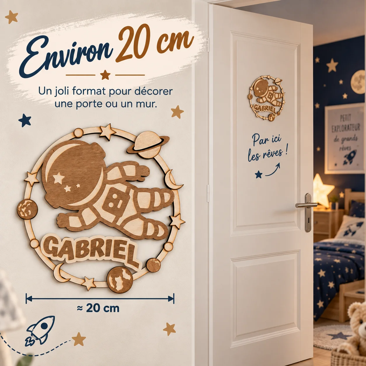 Plaque prénom enfant en bois personnalisée – Astronaute & Espace – Image 5
