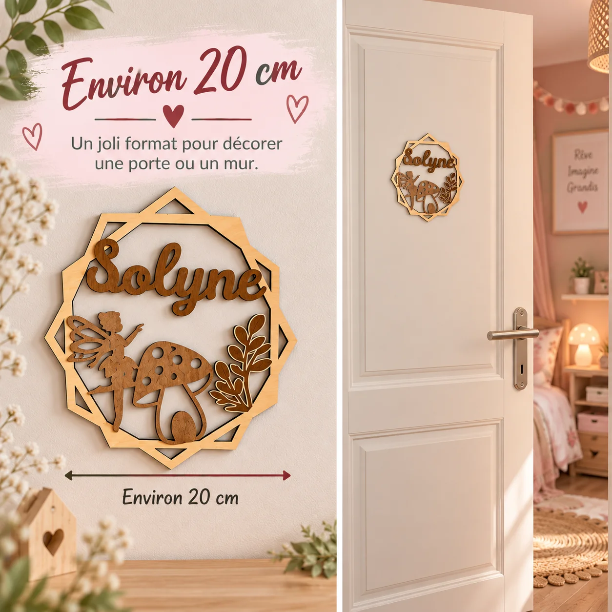 Plaque prénom enfant en bois personnalisée – Fée & Champignon – Image 5