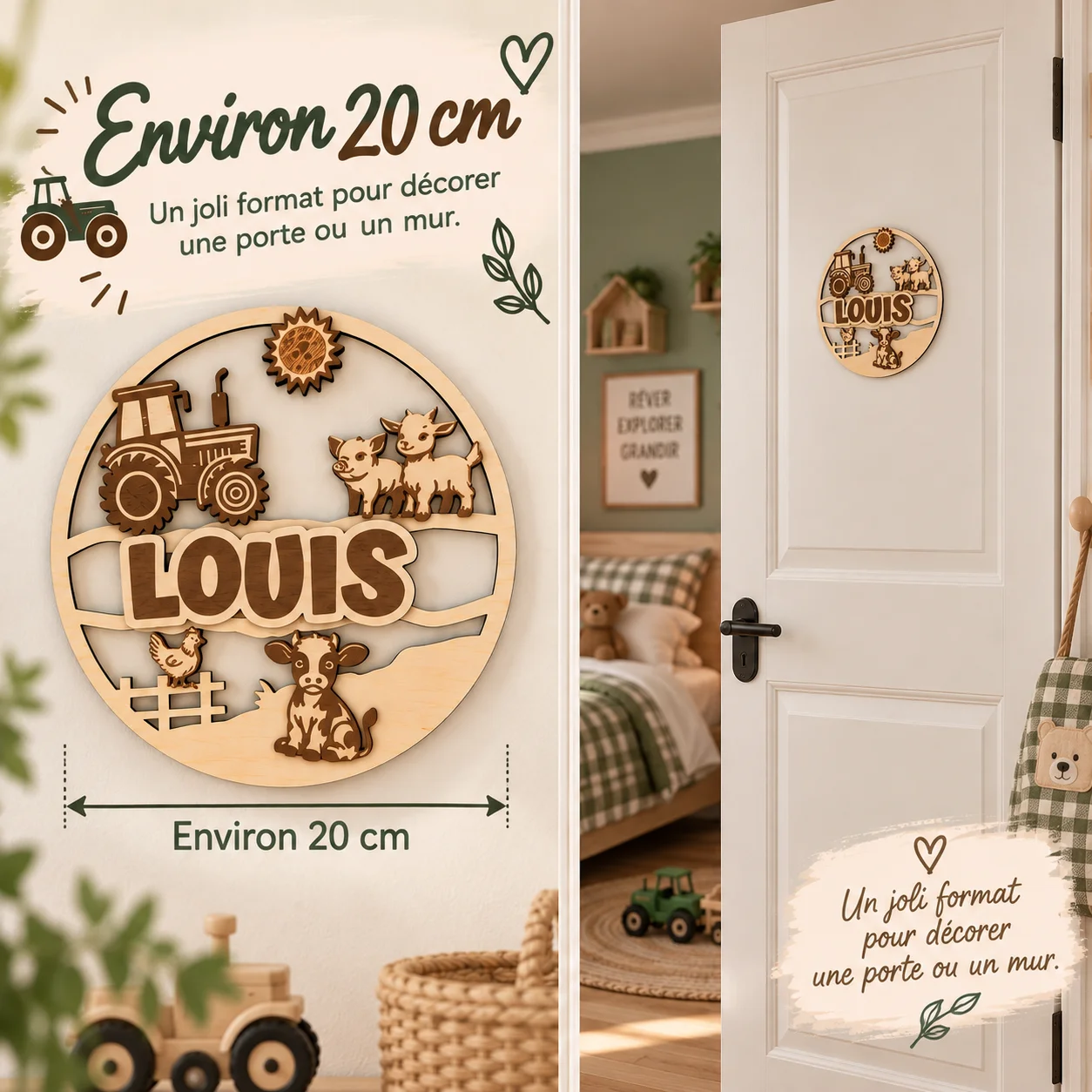 Plaque prénom enfant en bois personnalisée – Ferme & Tracteur – Image 6