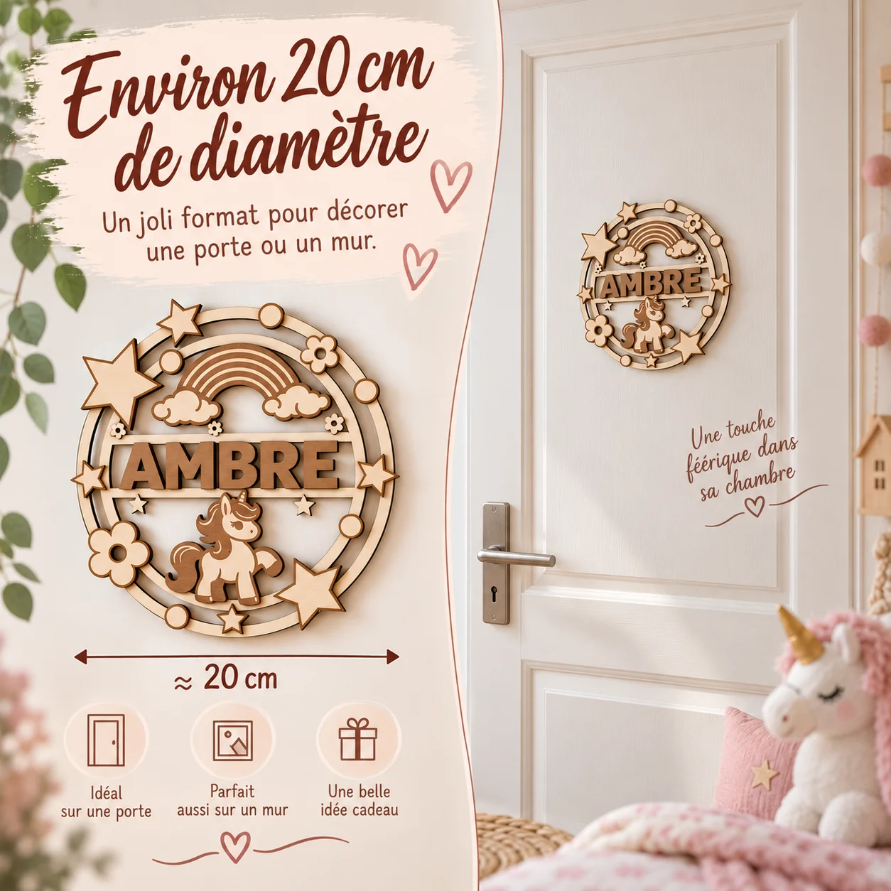 Plaque prénom enfant en bois personnalisée – Licorne – Image 6