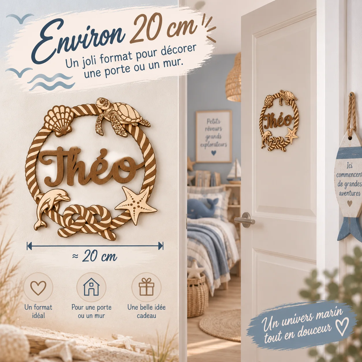 Plaque prénom enfant en bois personnalisée – Marin & Océan – Image 5