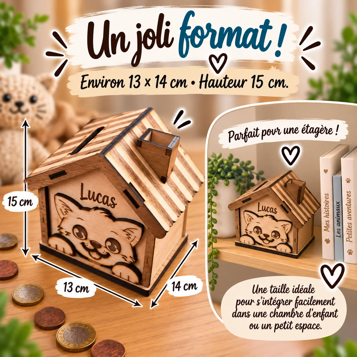Tirelire maison chat en bois personnalisée – Prénom gravé – Image 6