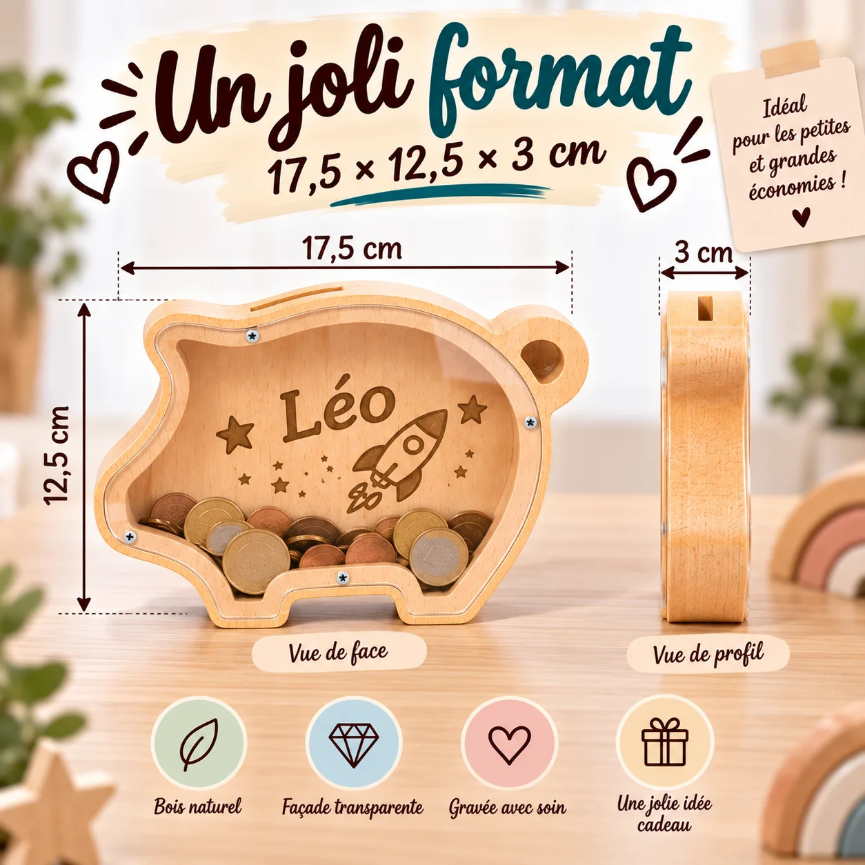 Tirelire cochon personnalisée en bois et plexiglas – Image 7