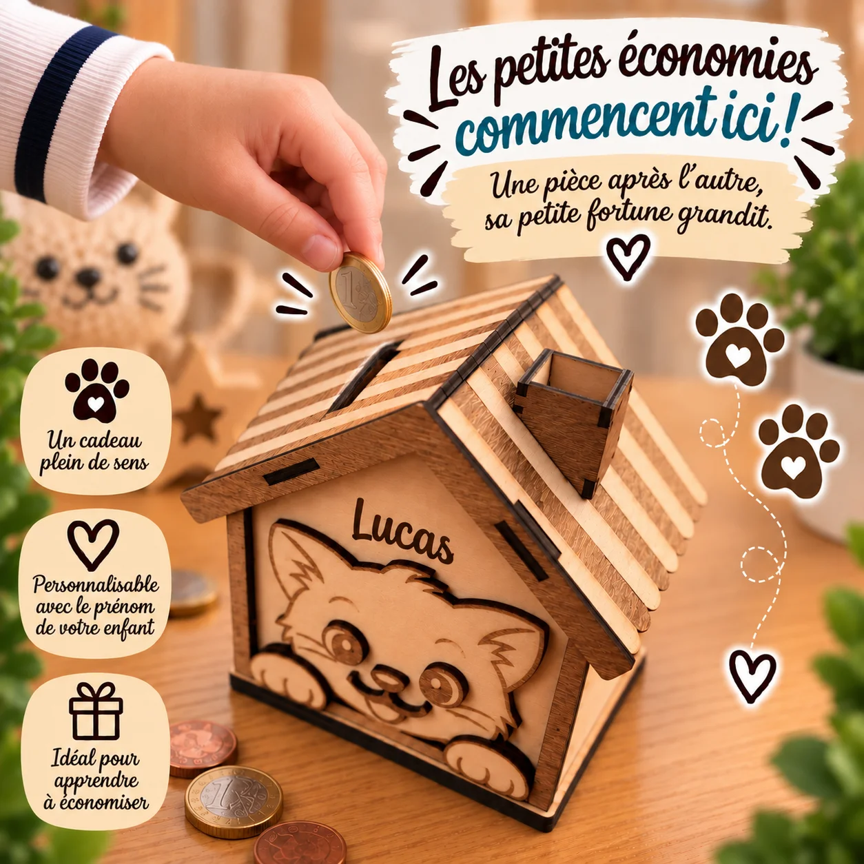 Tirelire maison chat en bois personnalisée – Prénom gravé – Image 10
