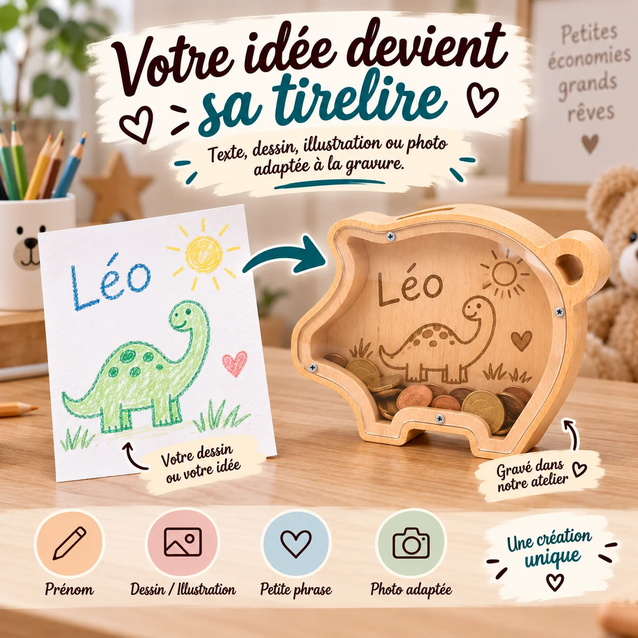 Tirelire cochon personnalisée en bois et plexiglas – Image 4
