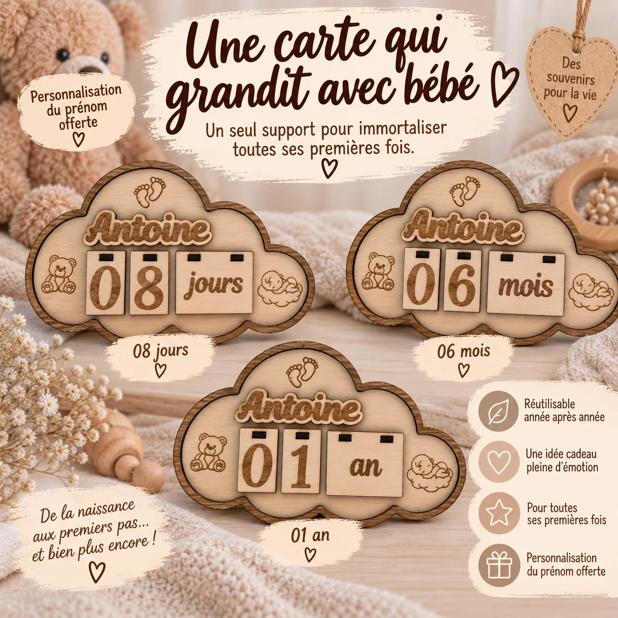 Carte étapes bébé en bois personnalisée – Nuage – Image 7