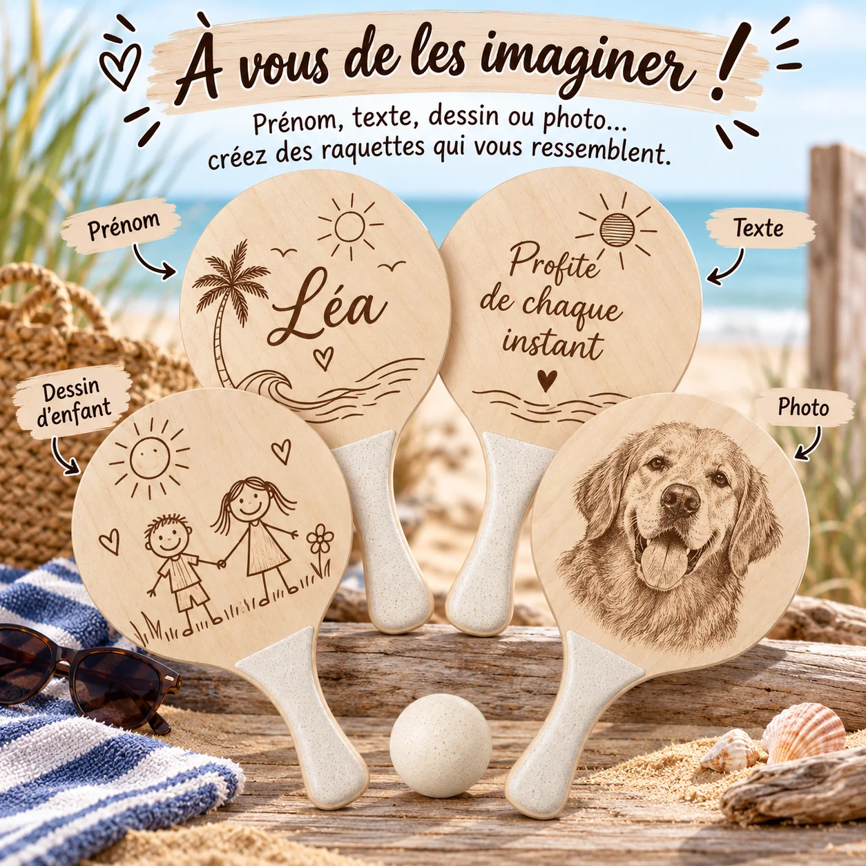 Raquettes de plage en bois personnalisées – 2 faces – Image 5