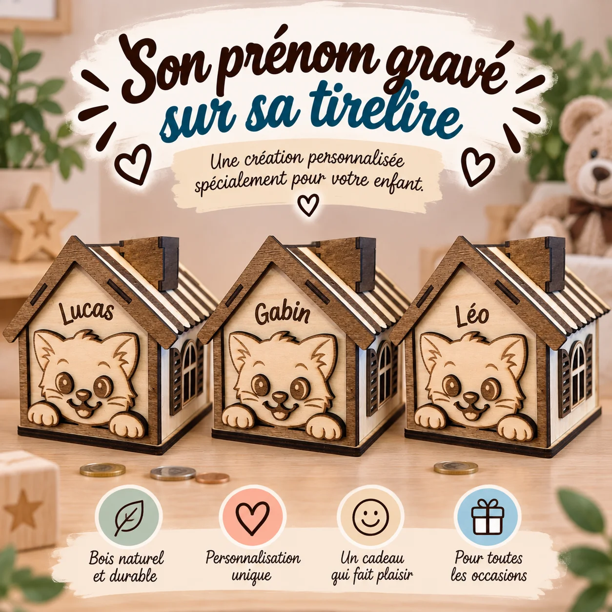 Tirelire maison chat en bois personnalisée – Prénom gravé – Image 4