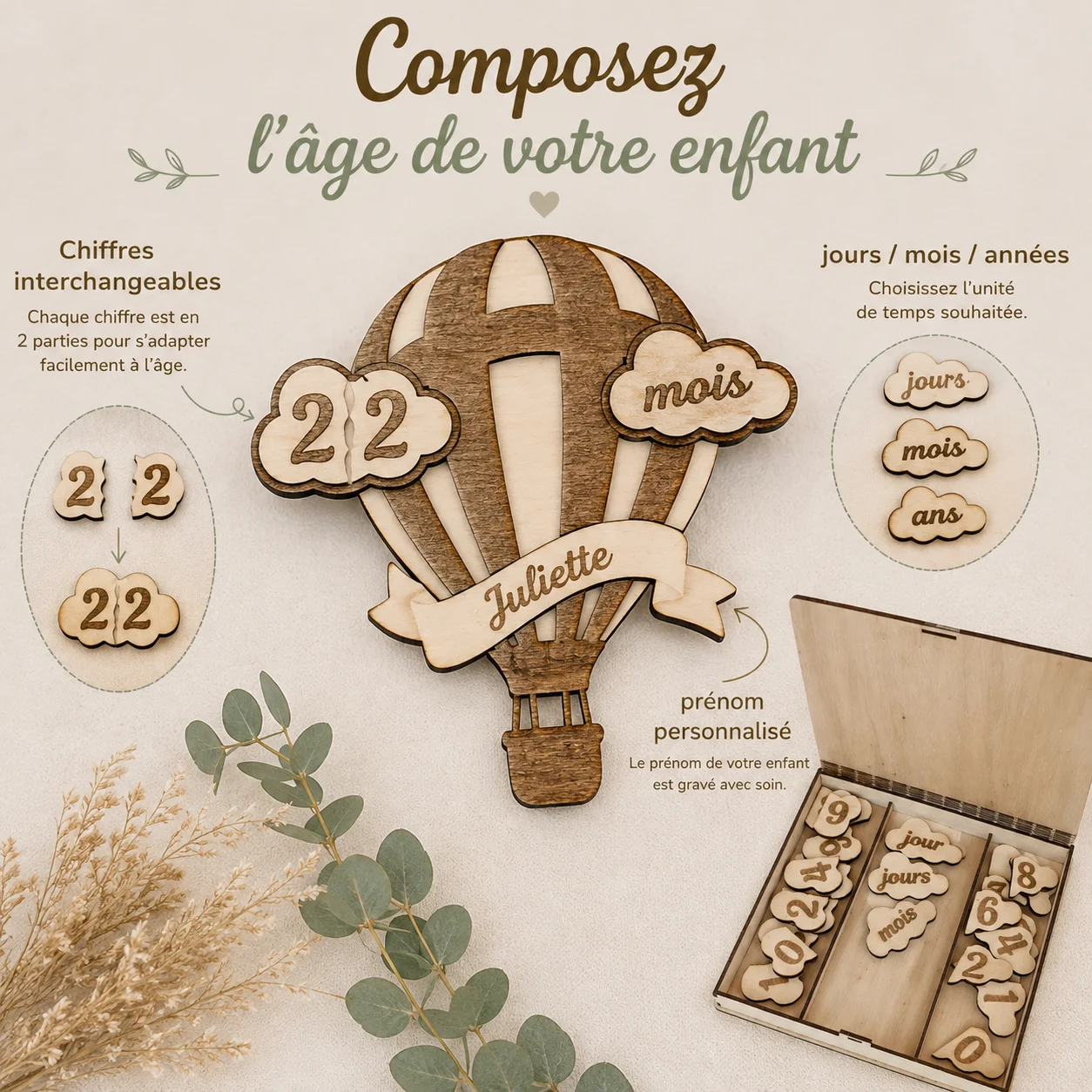 Cartes étapes bébé en bois personnalisées – Montgolfière – Image 3
