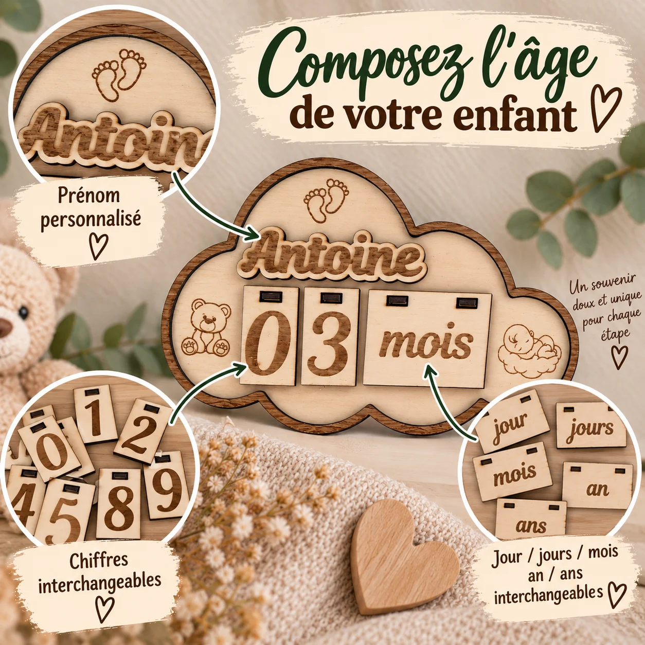Carte étapes bébé en bois personnalisée – Nuage – Image 3