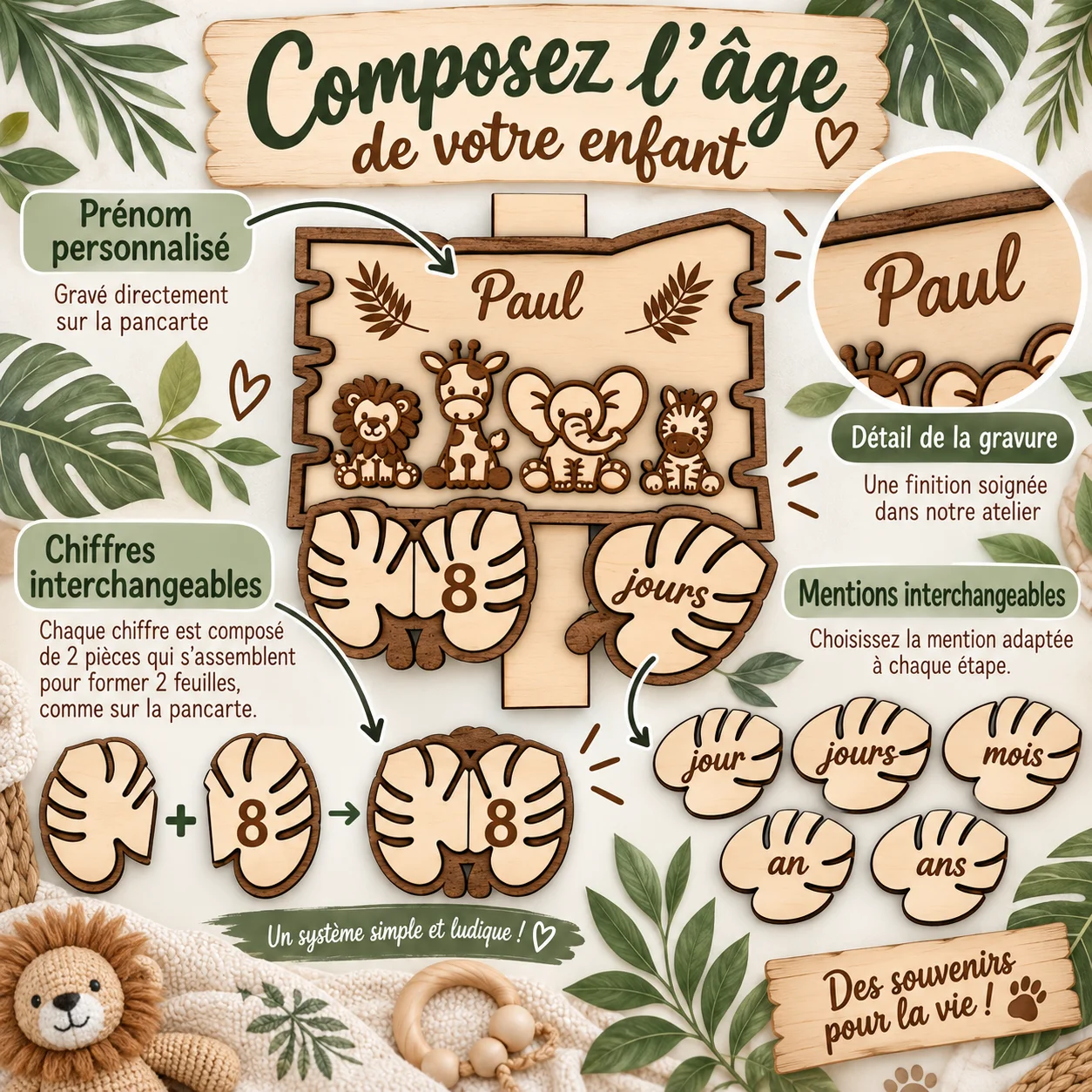 Cartes étapes bébé en bois personnalisées – Savane – Image 3