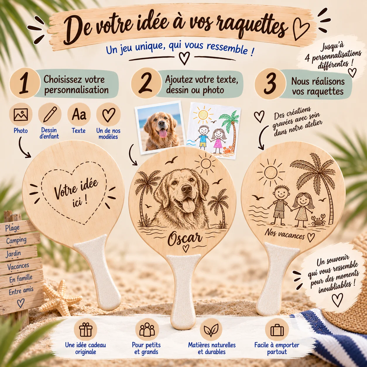 Raquettes de plage en bois personnalisées – 2 faces – Image 3