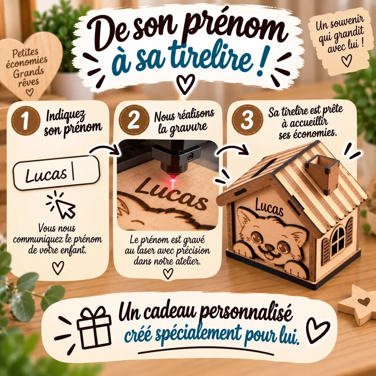 Tirelire maison chat en bois personnalisée – Prénom gravé – Image 3