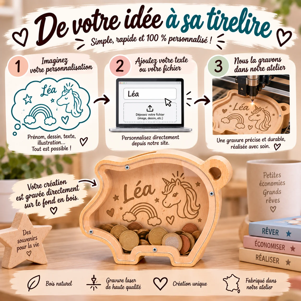 Tirelire cochon personnalisée en bois et plexiglas – Image 3