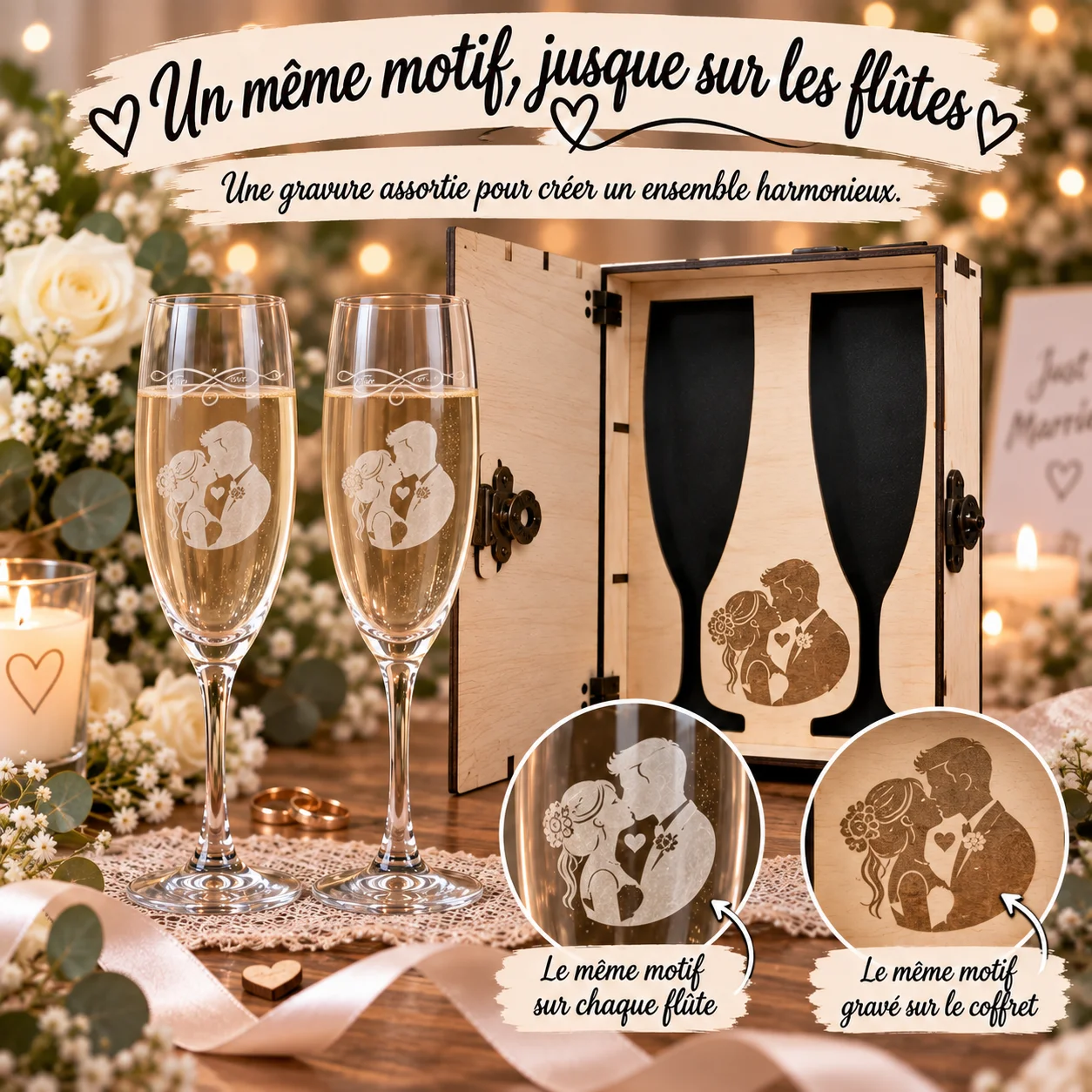 Coffret livre mariage en bois avec 2 flûtes gravées – Les mariés – Image 3