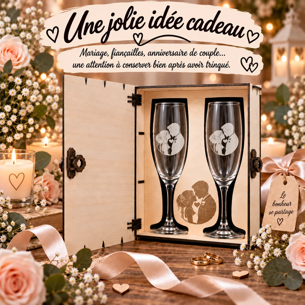Coffret livre mariage en bois avec 2 flûtes gravées – Les mariés – Image 6