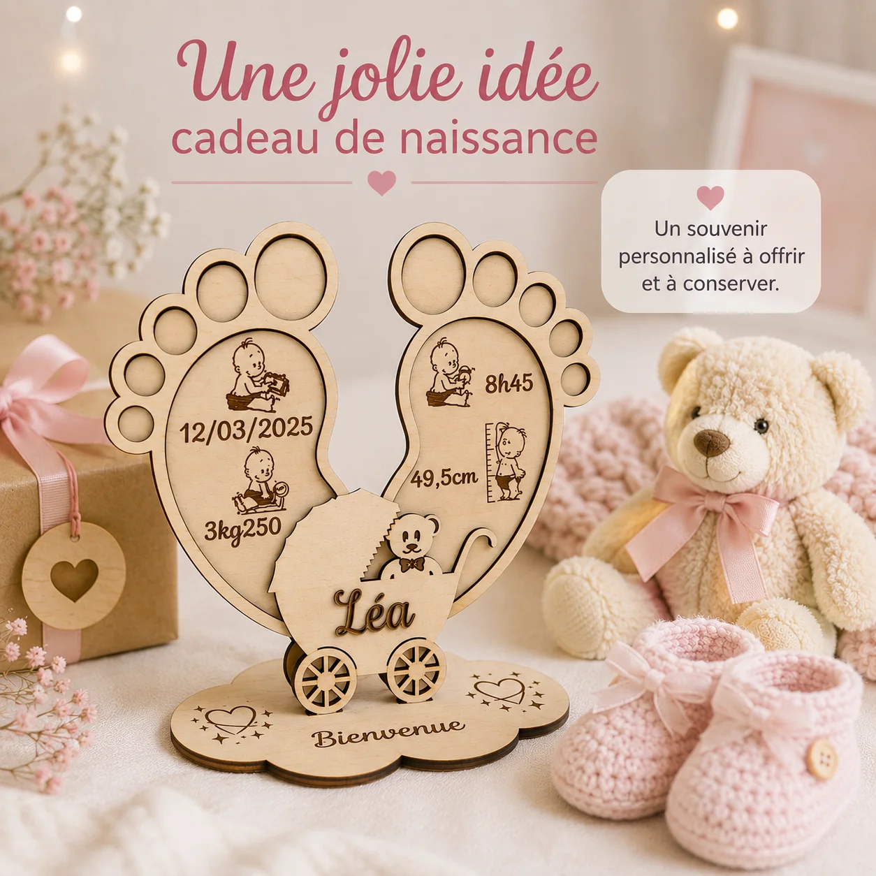 Décoration naissance personnalisée en bois – Pieds de bébé et landau – Image 5