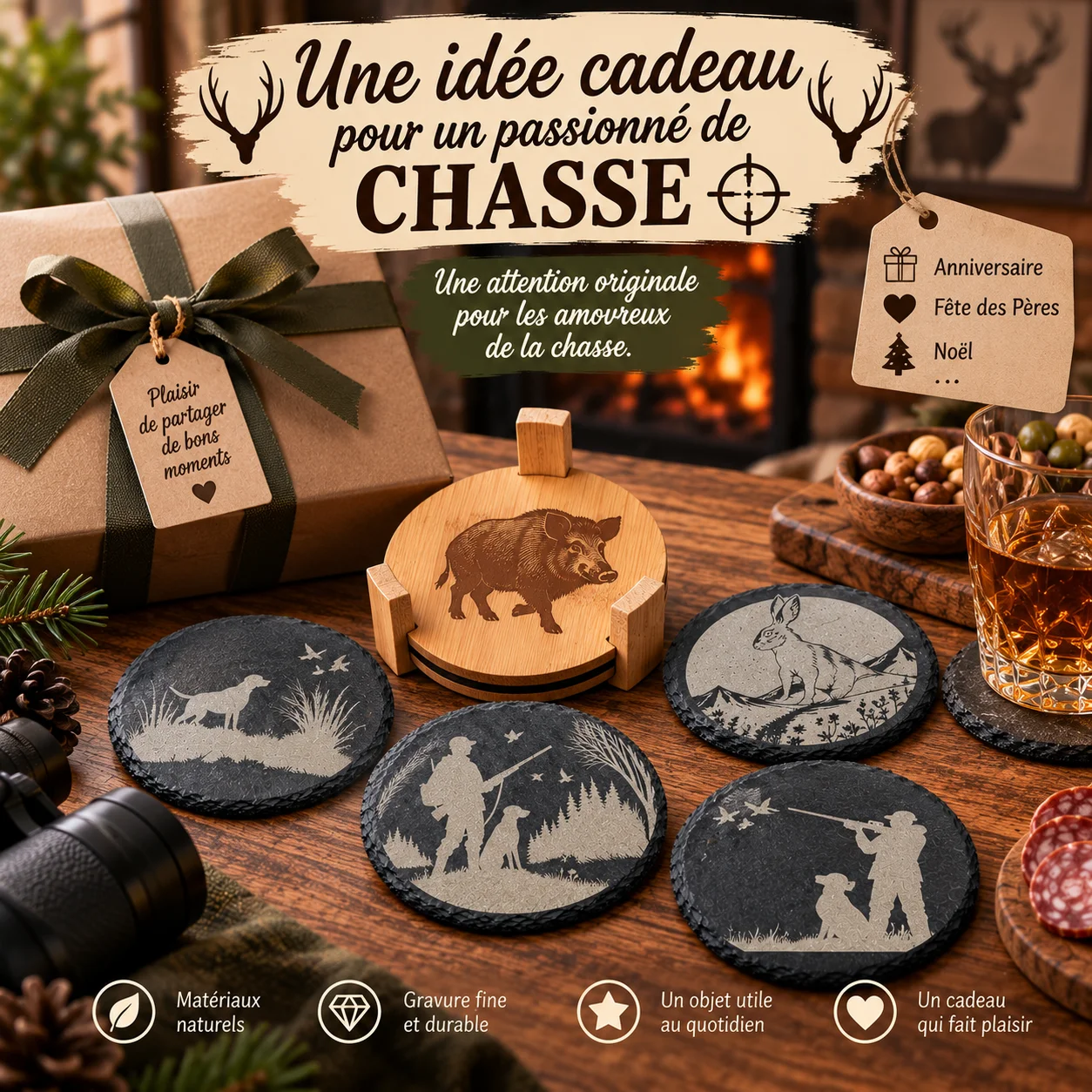 Sous-verres en ardoise gravés – Thème Chasse – Image 6