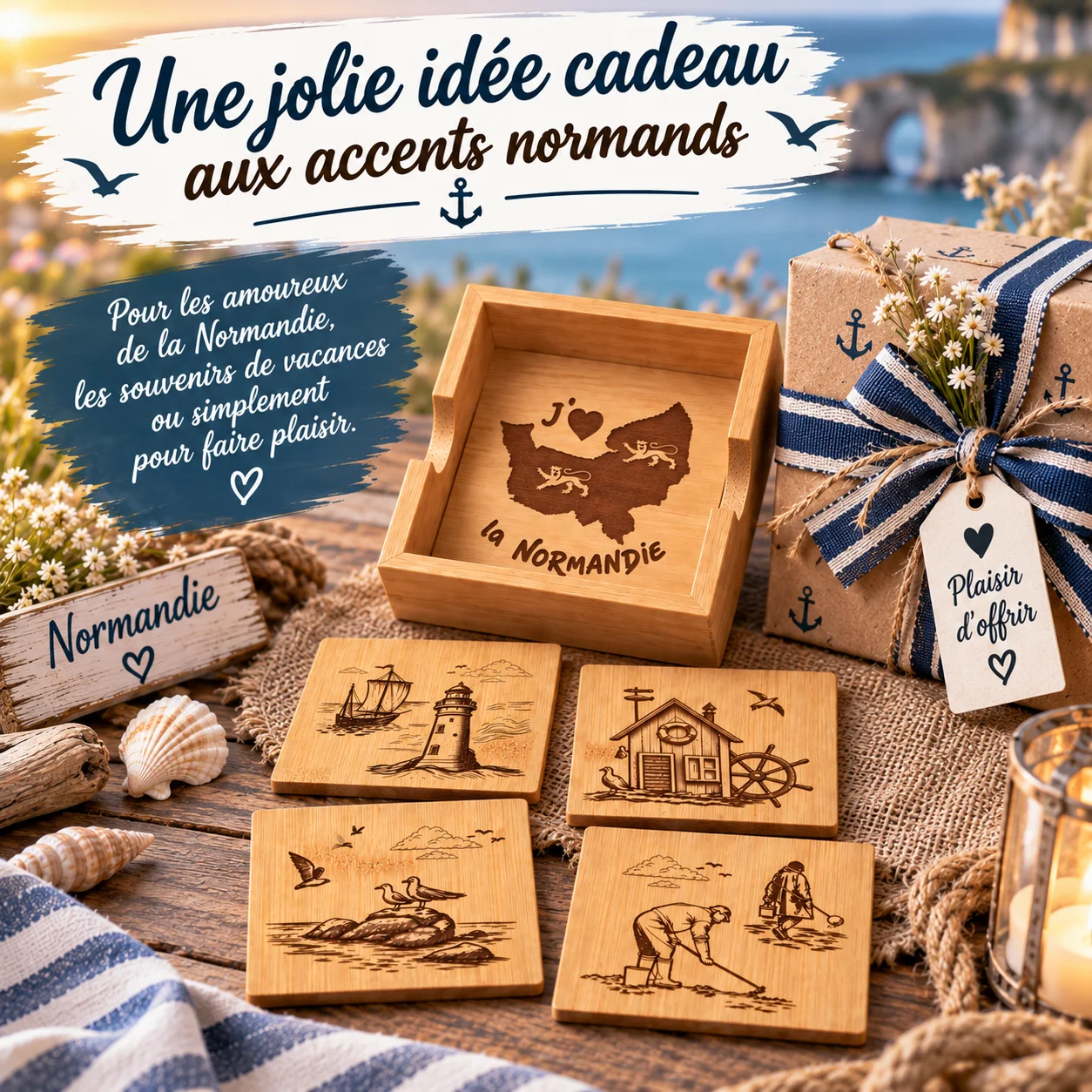 Sous-verres en bambou – Thème Normandie – Lot de 4 avec coffret – Image 6