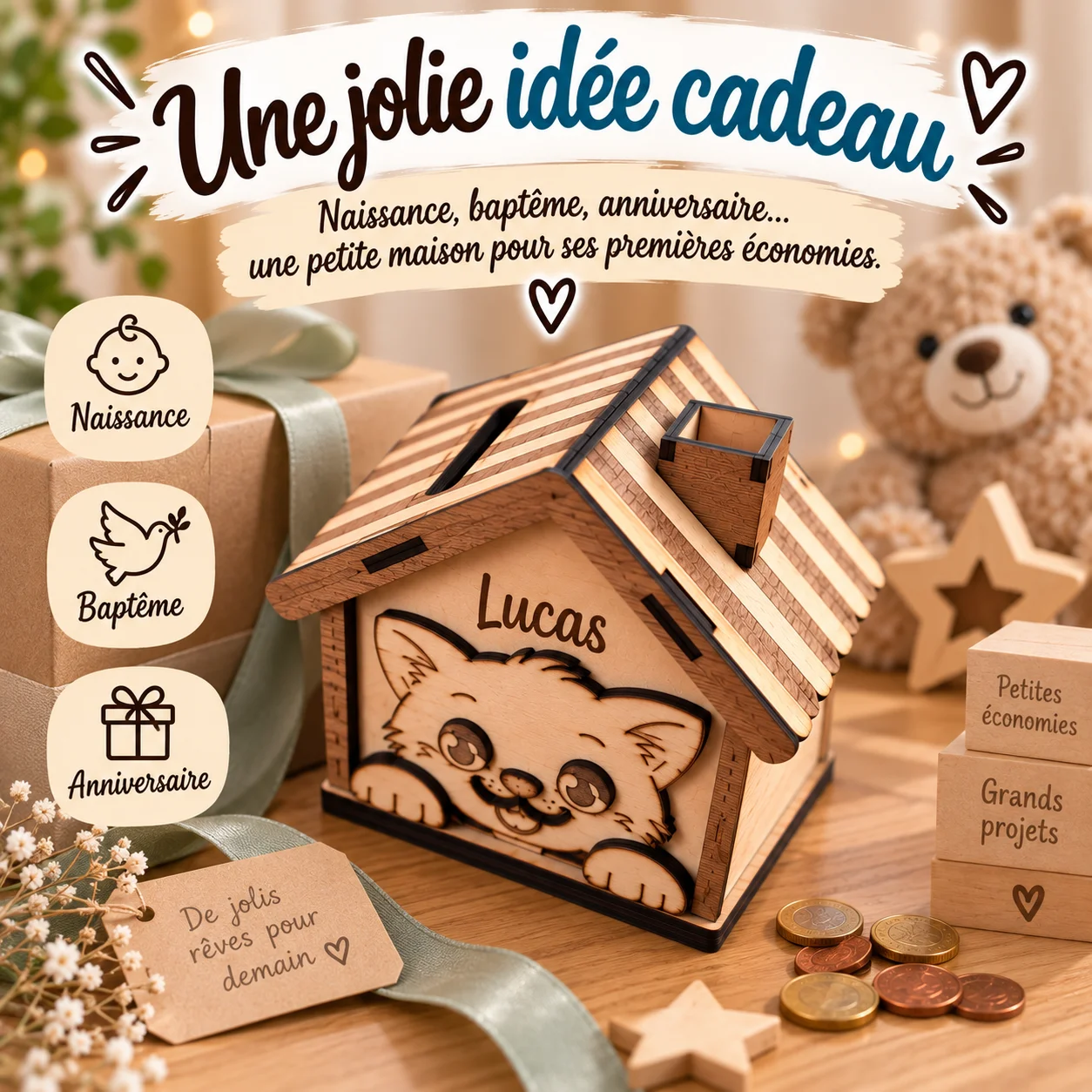 Tirelire maison chat en bois personnalisée – Prénom gravé – Image 9