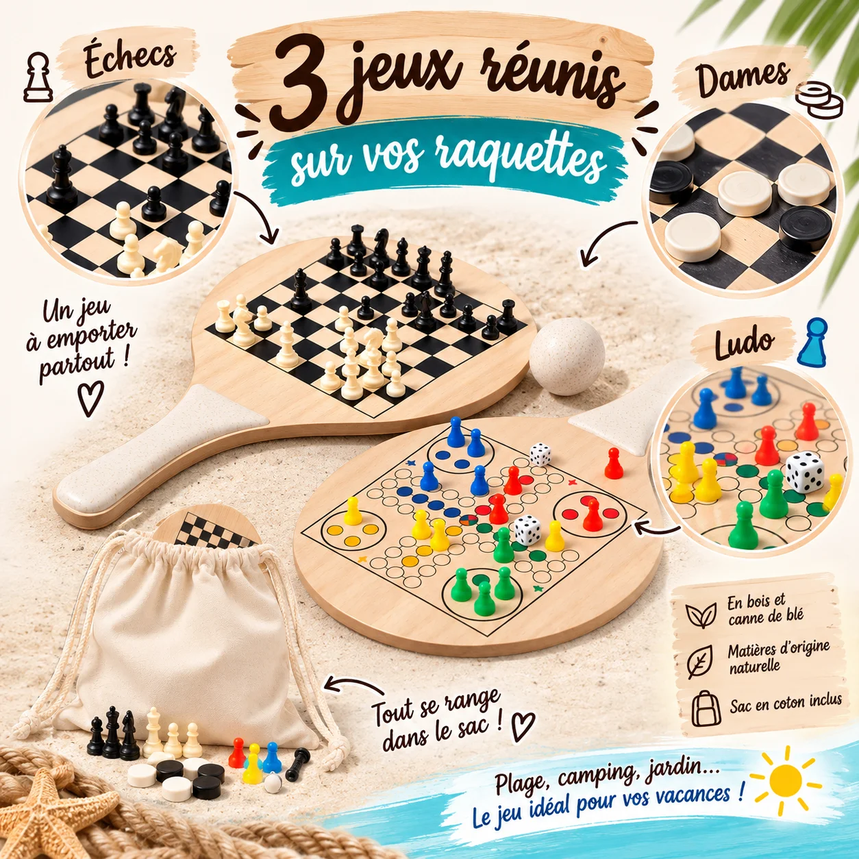 Raquettes de plage personnalisées avec 3 jeux intégrés – Image 2