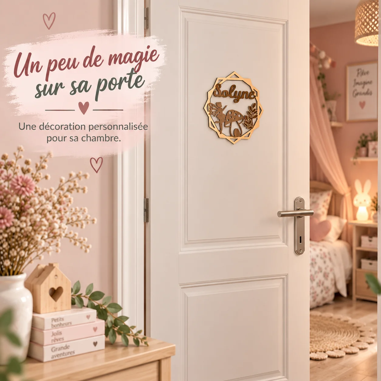 Plaque prénom enfant en bois personnalisée – Fée & Champignon – Image 2