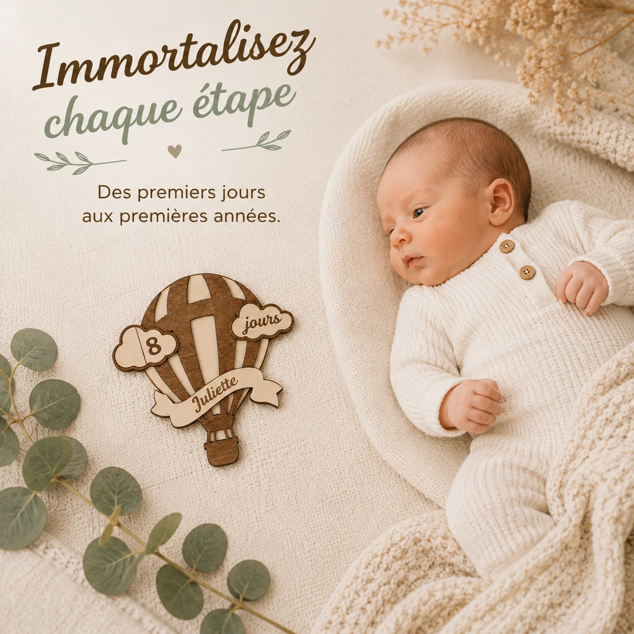 Cartes étapes bébé en bois personnalisées – Montgolfière – Image 2