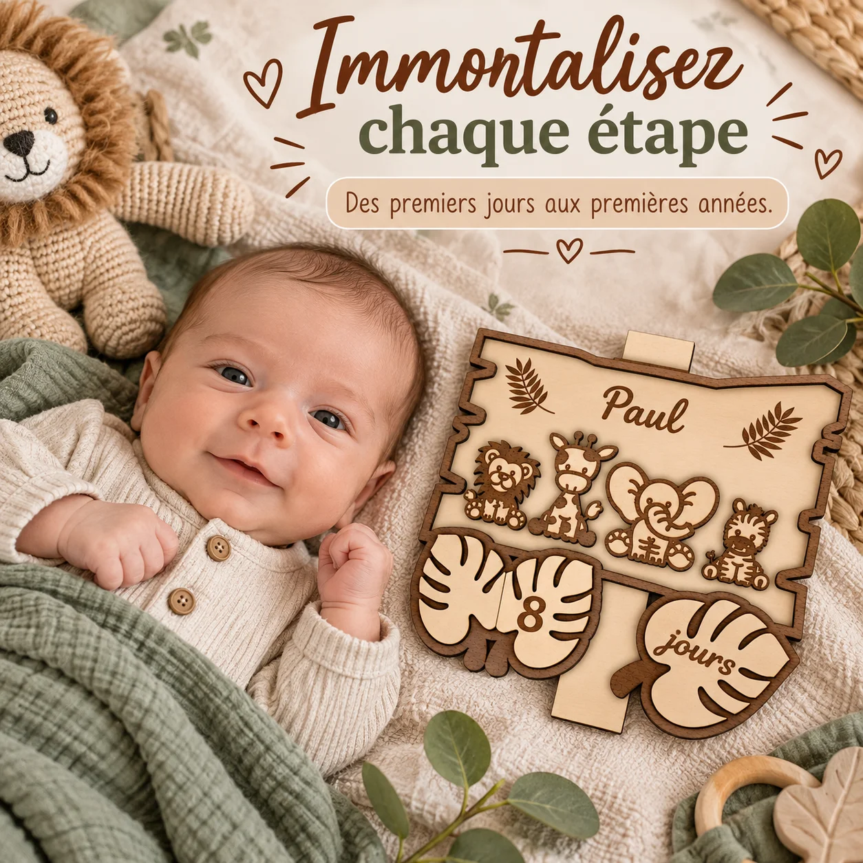 Cartes étapes bébé en bois personnalisées – Savane – Image 2