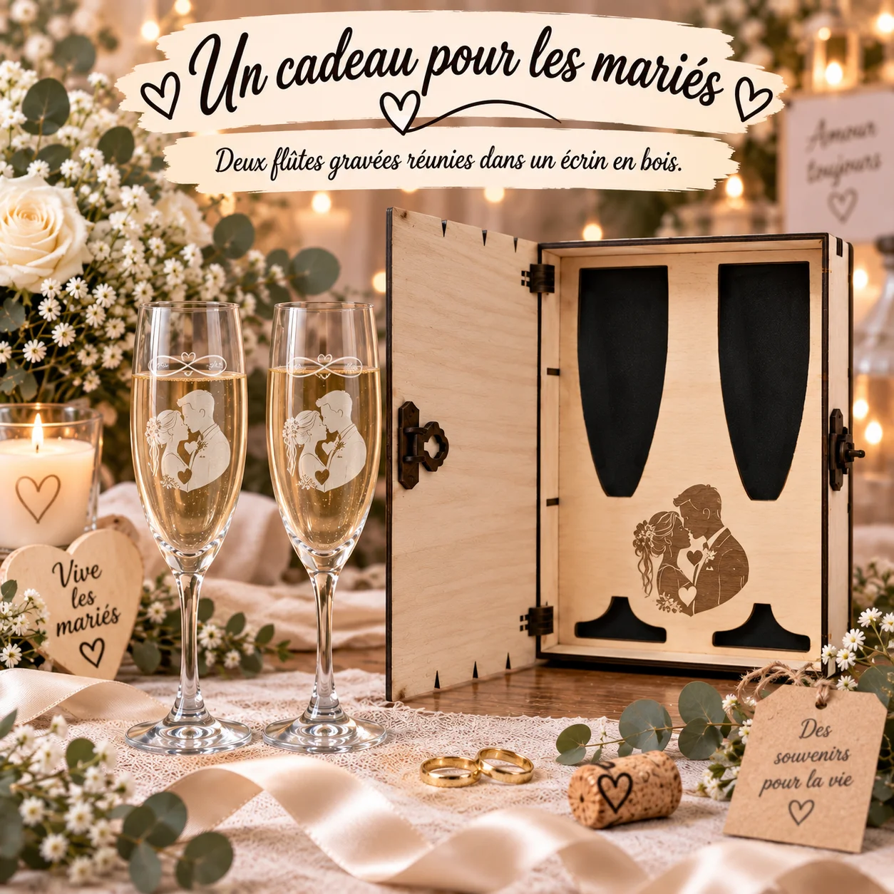 Coffret livre mariage en bois avec 2 flûtes gravées – Les mariés – Image 2
