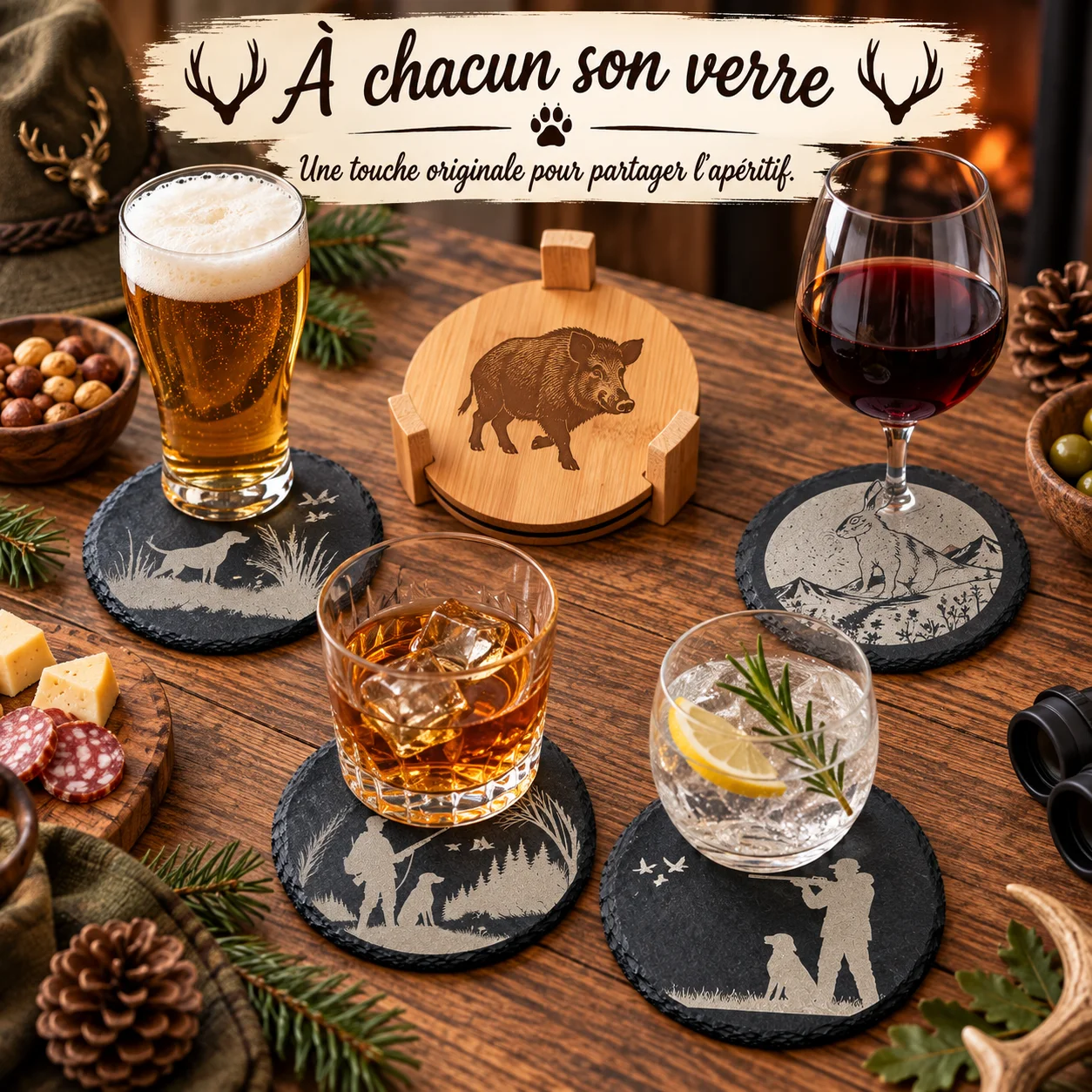 Sous-verres en ardoise gravés – Thème Chasse – Image 2