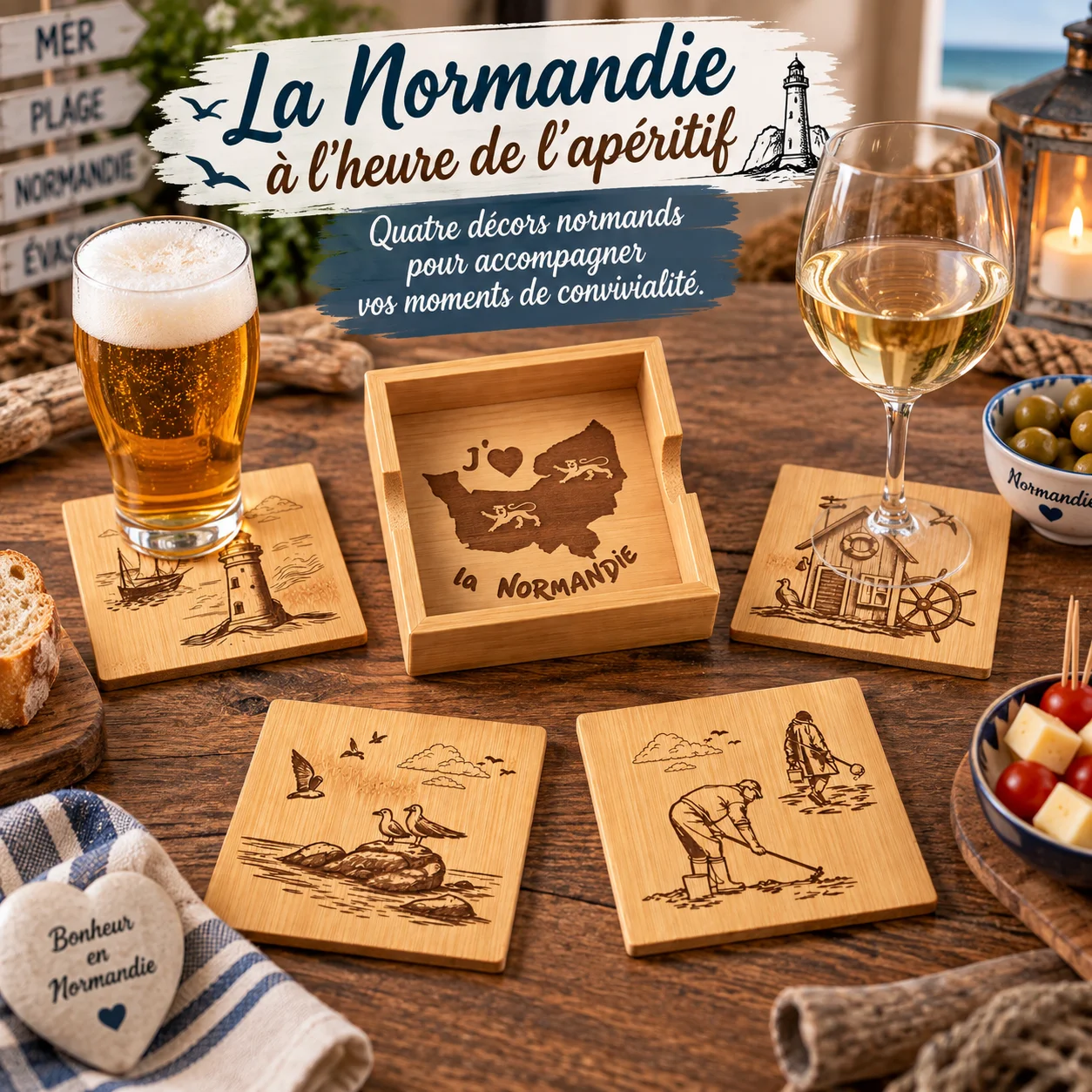 Sous-verres en bambou – Thème Normandie – Lot de 4 avec coffret – Image 2