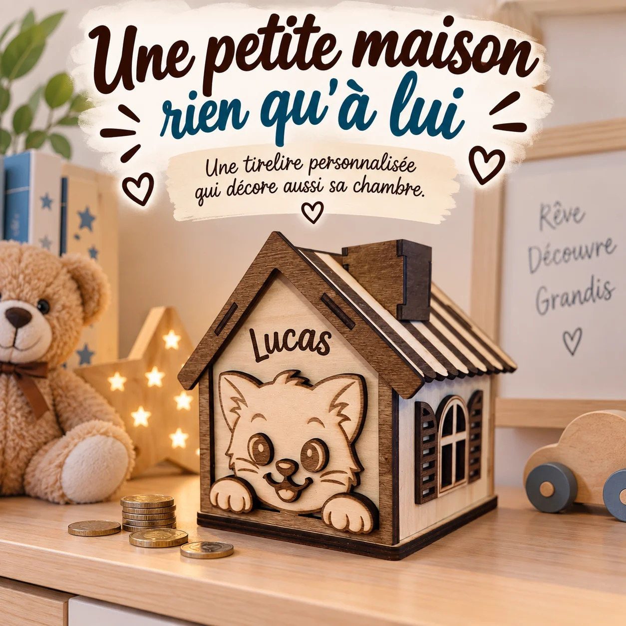 Tirelire maison chat en bois personnalisée – Prénom gravé – Image 2