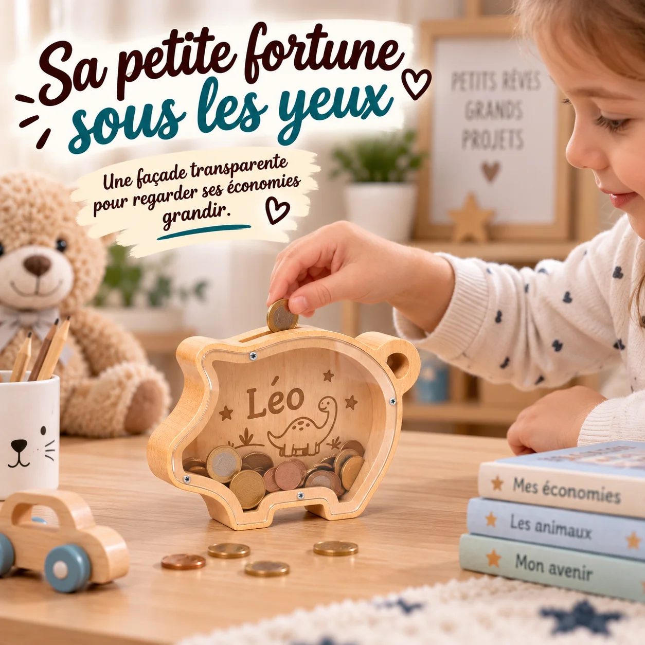 Tirelire cochon personnalisée en bois et plexiglas – Image 2
