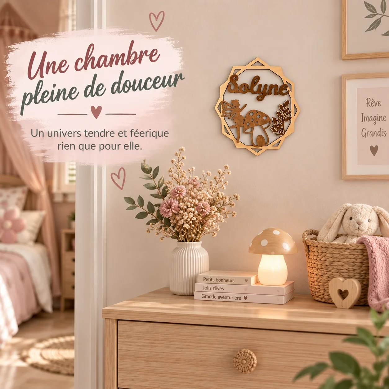 Plaque prénom enfant en bois personnalisée – Fée & Champignon – Image 3