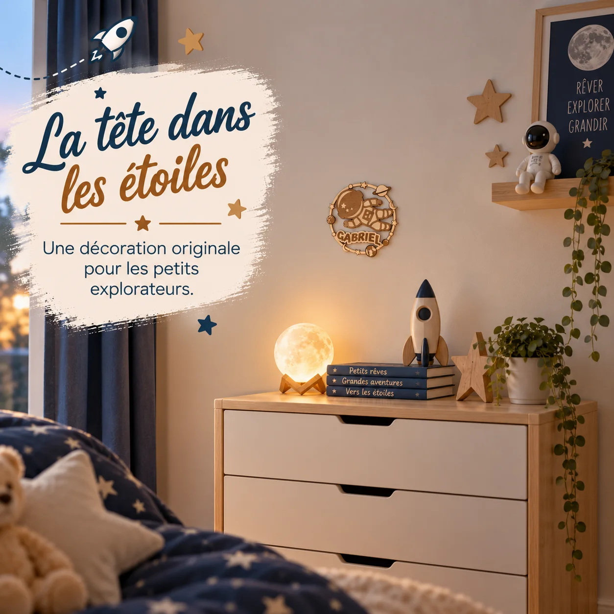 Plaque prénom enfant en bois personnalisée – Astronaute & Espace – Image 3