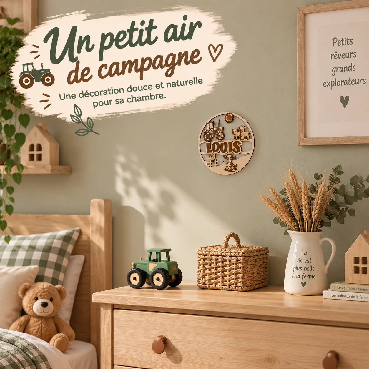 Plaque prénom enfant en bois personnalisée – Ferme & Tracteur – Image 3