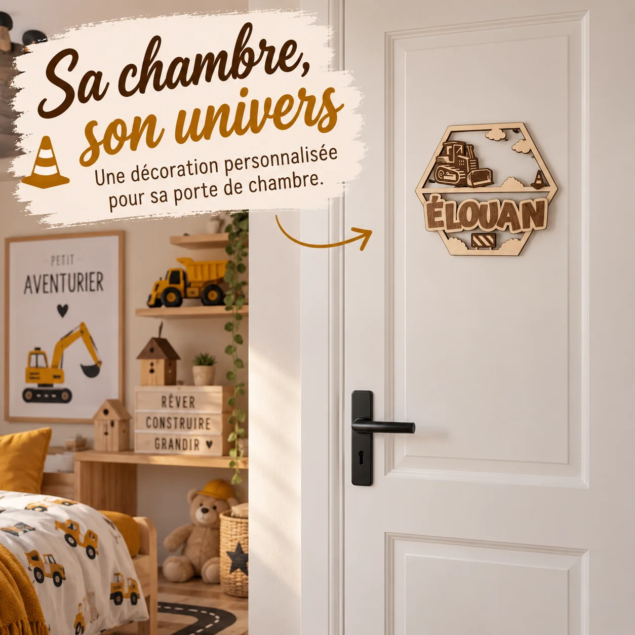 Plaque prénom enfant en bois personnalisée – Chantier – Image 2