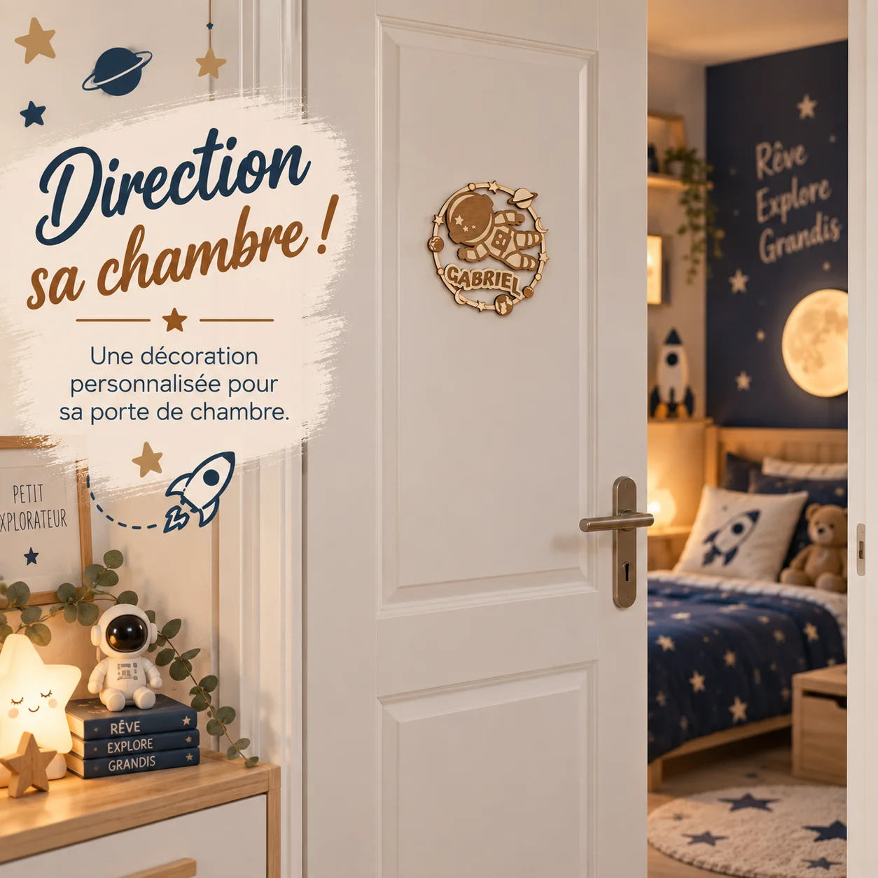 Plaque prénom enfant en bois personnalisée – Astronaute & Espace – Image 2