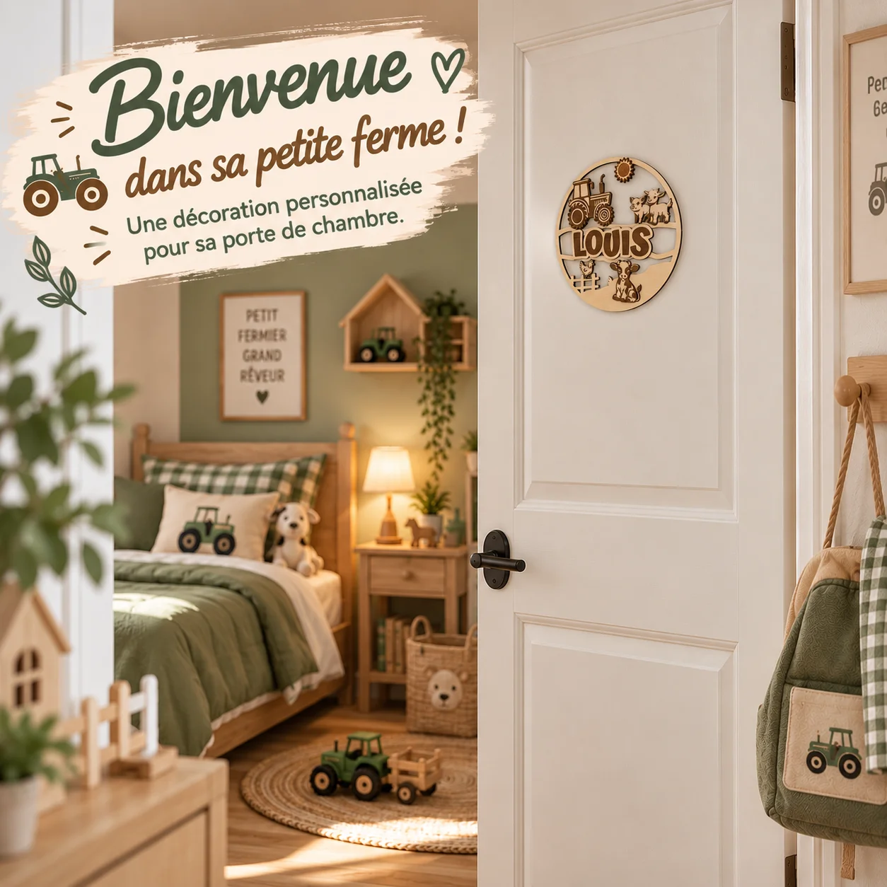 Plaque prénom enfant en bois personnalisée – Ferme & Tracteur – Image 2