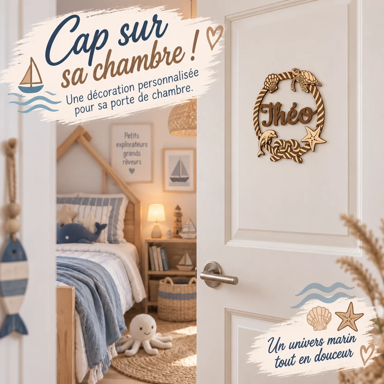 Plaque prénom enfant en bois personnalisée – Marin & Océan – Image 2